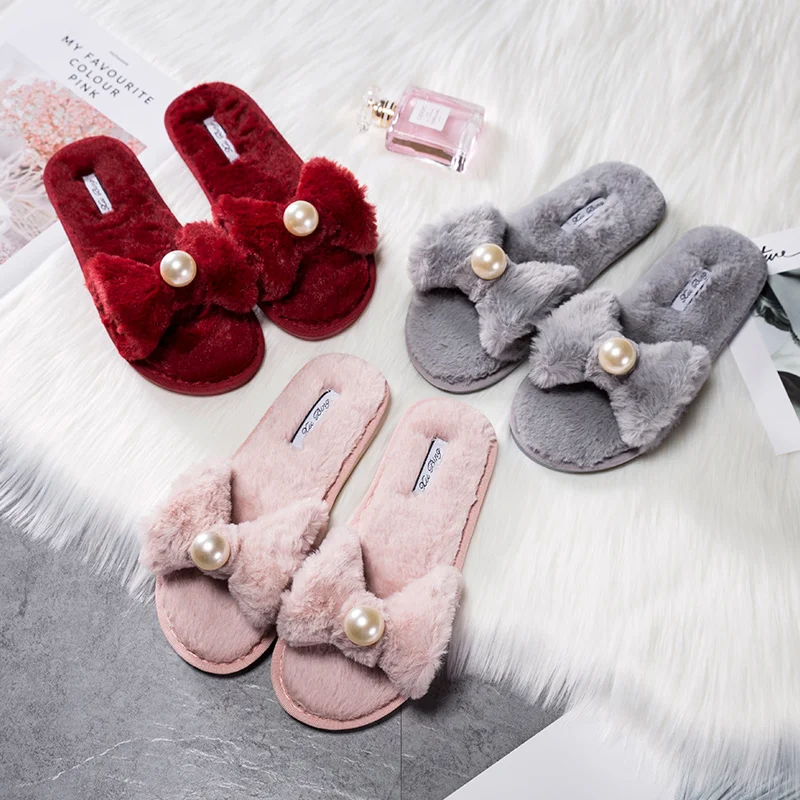 

High Quality Women Slippers Lovely bowknot Prints Solid Flat Indoor Shoes Winter Plush Warm Home Slippers Size 36-41