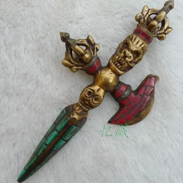 

Tibet Tibetan Bronze Turquoise Coral Buddhist Ritual Tool Vajra Doorje (A0321)