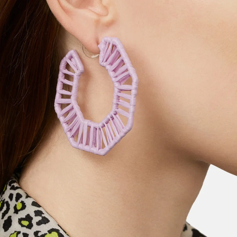 

Fashion Charm Purple Geometric Large Polygonal Stud Earrings for Women Handmade Raffia Statement Earring Party Jewelry Gift