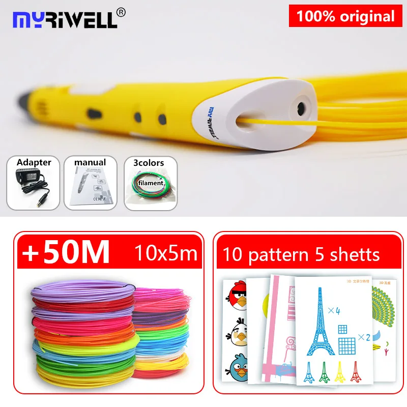 Myriwell magic 3d Pen3 d ручка для принтера и 50 м красивый цвет PLA нити подарок на день рождения ребенка/Рождественский подарок+ 10 узор - Цвет: yellow ABS10color