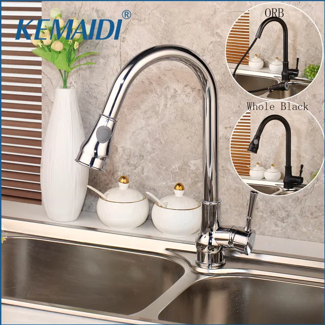 Special Offers KEMAIDI Kitchen Faucets Silver & Black Single Handle Pull Out Kitchen Tap Single Hole Handle ORB Taps Swivel 360  Water Mixer