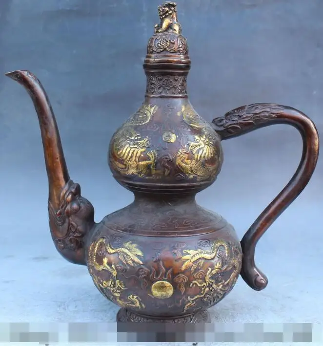 

S01370 14" China Bronze Gilt Dragon Lion Wine Pot Flagon Teapot Teakettle Kettle Statue B0403