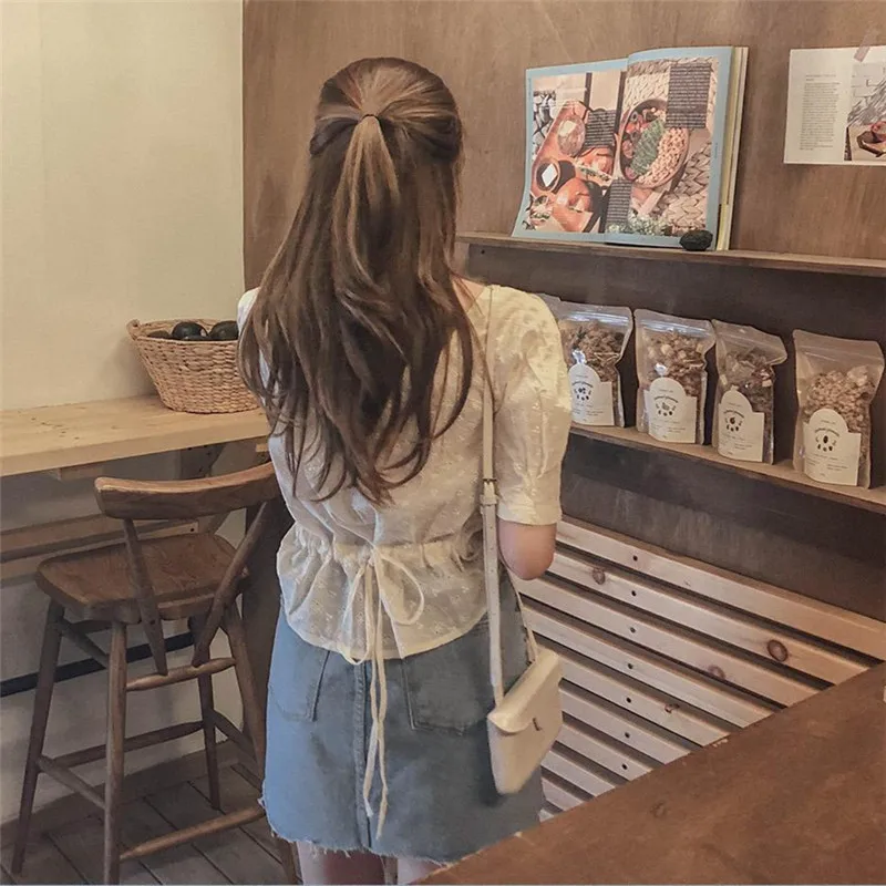  New square Embroidery lace shirt Summer Tops femme Casual Women short sleeve Linen Cotton Girls Blo