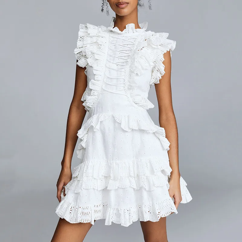 

2019 Summer Self portrait Fashion Hollow Out Lace Dresses Women Stand Collar Sleeveless High Waist A Line Dress Female