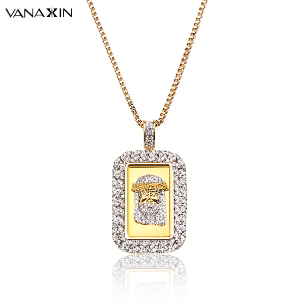 VANAXIN Square Necklaces Pendants For Men Women Jesus Face Micro Pave Iced Out Zircons Stone Pendant Gold Silver Color Jewelry