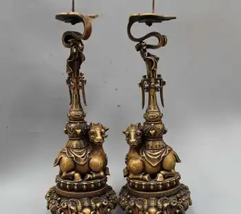 

14" Chinese Dyansty Palace Bronze Fu Zodiac Year Sheep Candle Holder Candlestick