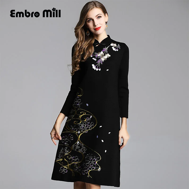 

High-end autumn and winter knitting dress embroidery elegant warm A-line dress M-XL