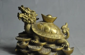 

5" china fengshui brass money coin ingot Longevity dragon turtle Tortoise statue