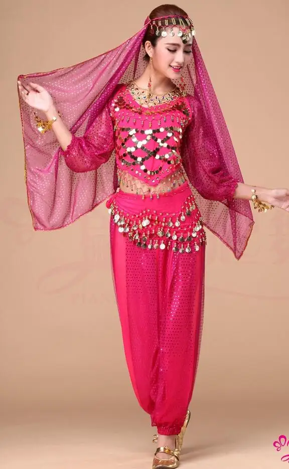 С длинным рукавом живот Танцы костюм Для женщин Болливуда индийский танец одежда набор девочек Бальные наряды вуаль Топ пояса юбка костюм - Цвет: 3 pieces