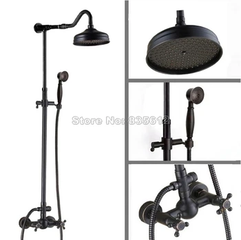 

Black Oil Rubbed Bronze Bathroom Wall Mounted 8" Rain Shower Faucet Set with Handheld Shower & Dual Handle Tub Mixer Taps Wrs704