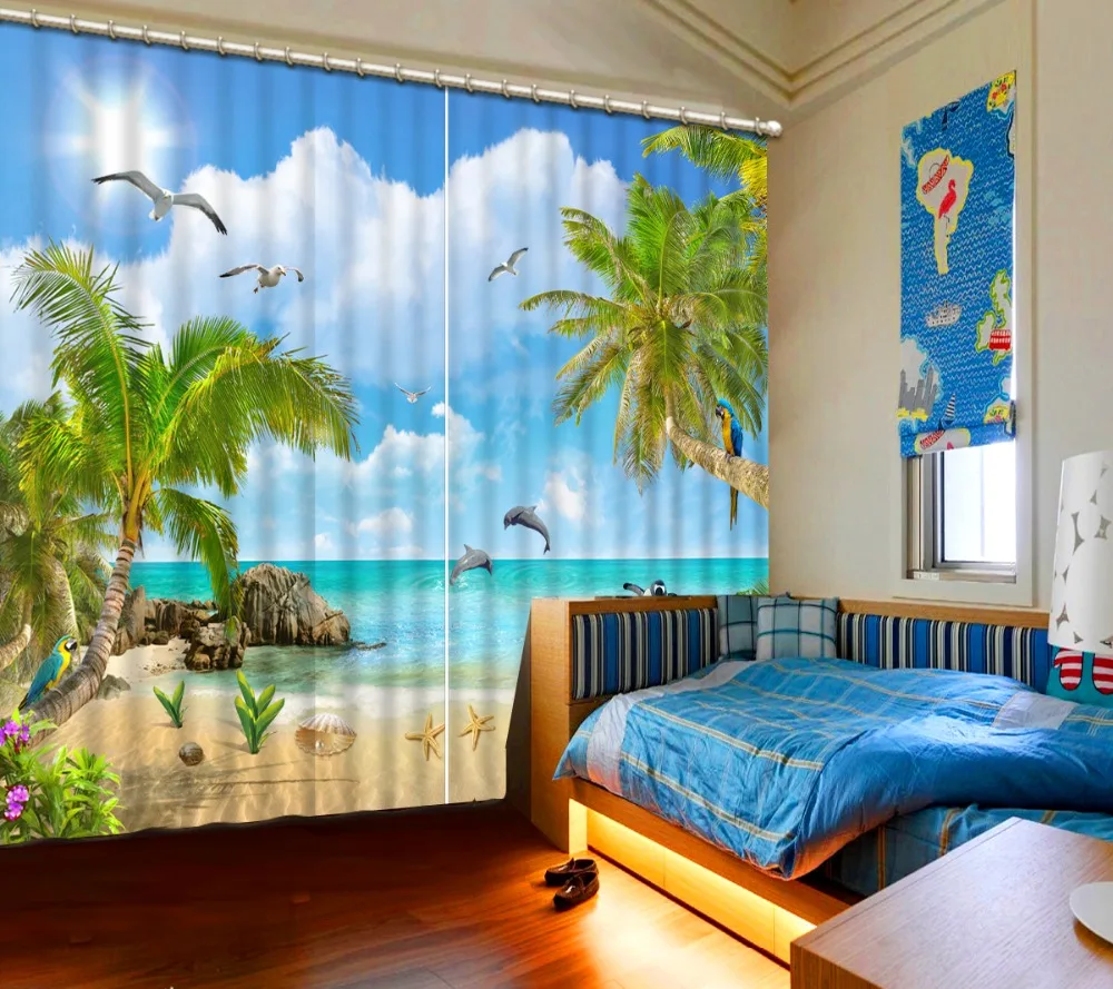 Us 48 0 60 Off 3d Landscape Curtains Blue Sky White Clouds Coconut Tree Dolphins Home Decor Living Room Bedroom Kitchen Custom 3d Curtains In