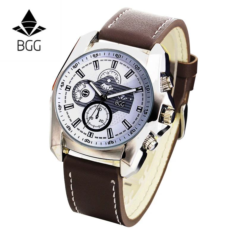 

Gear decoration Mens Casual Watch leather Quartz Watch BGG Luxury Brand Male sports Military Wristwatch men Business clock Hours