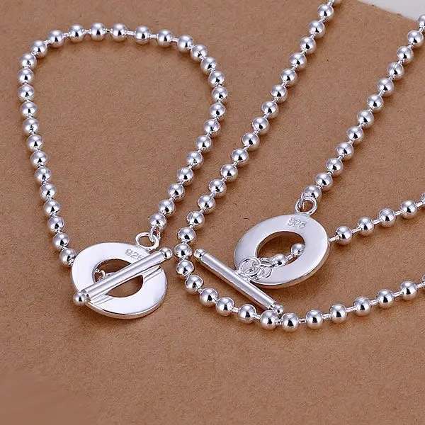 

S187 Hot sale free shipping silver fine jewelry sets,Wholesale 925-Sterling-Silver charms fashion Bead Chain Bracelet Necklace