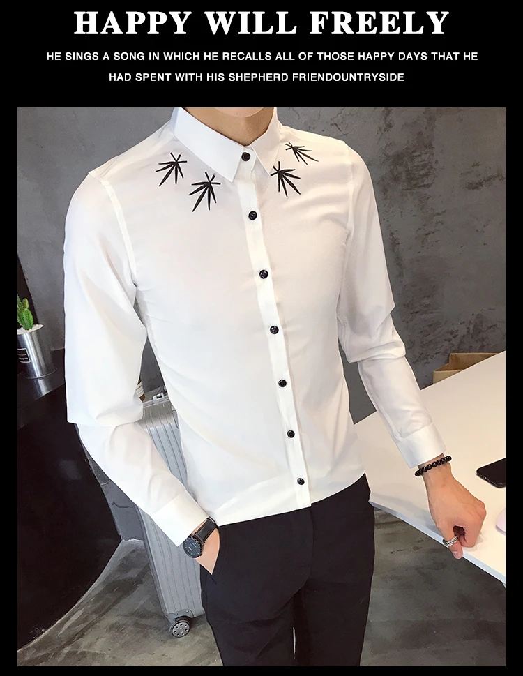 2019 Мода Вышивка Для мужчин рубашка Одежда высшего качества Бизнес корейские облегающие рубашка Fit с длинным рукавом платье Вечерние