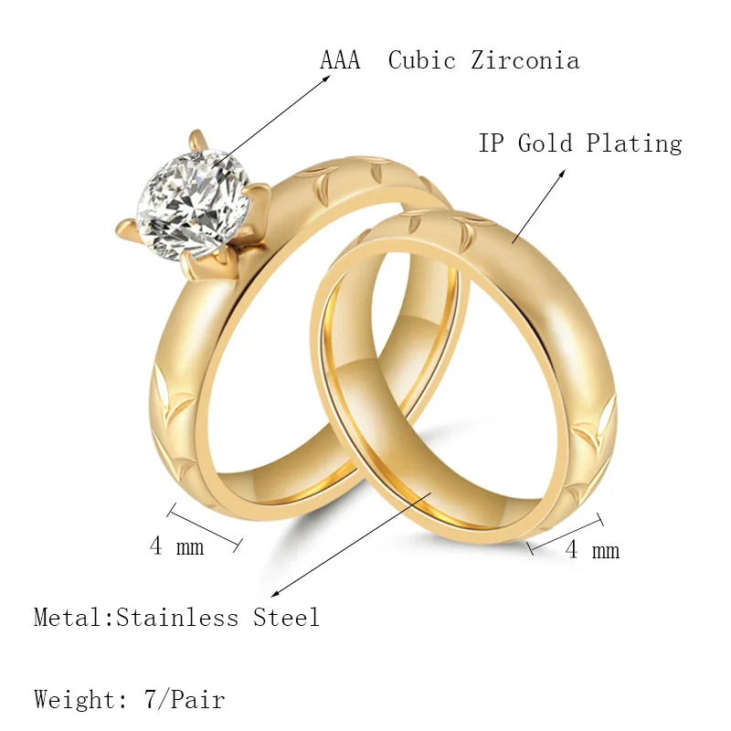 Модные золотые обручальные Обручальные кольца набор для женщин титановая стальная лента кольцо с кубическим цирконием круглые модные украшения - Цвет основного камня: 979-980