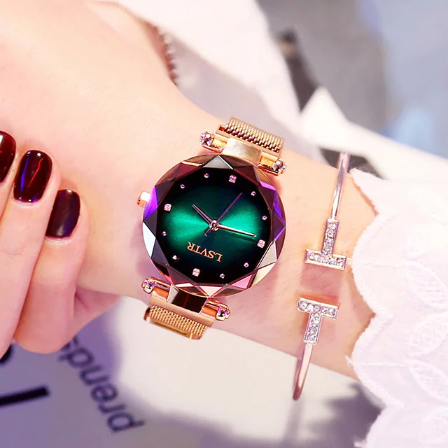 Модные женские роскошные часы из розового золота, женские наручные часы звездного неба с магнитной сеткой, водонепроницаемые часы zegarek damski, подарок xfcs - Цвет: Green
