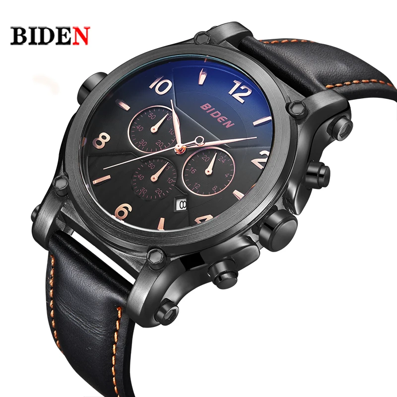 

Luxury Brand Biden Military Quartz Sports Wrist Watch 3 sub-dials Function Leather Strap Waterproof Mens Watch Relogio Masculino