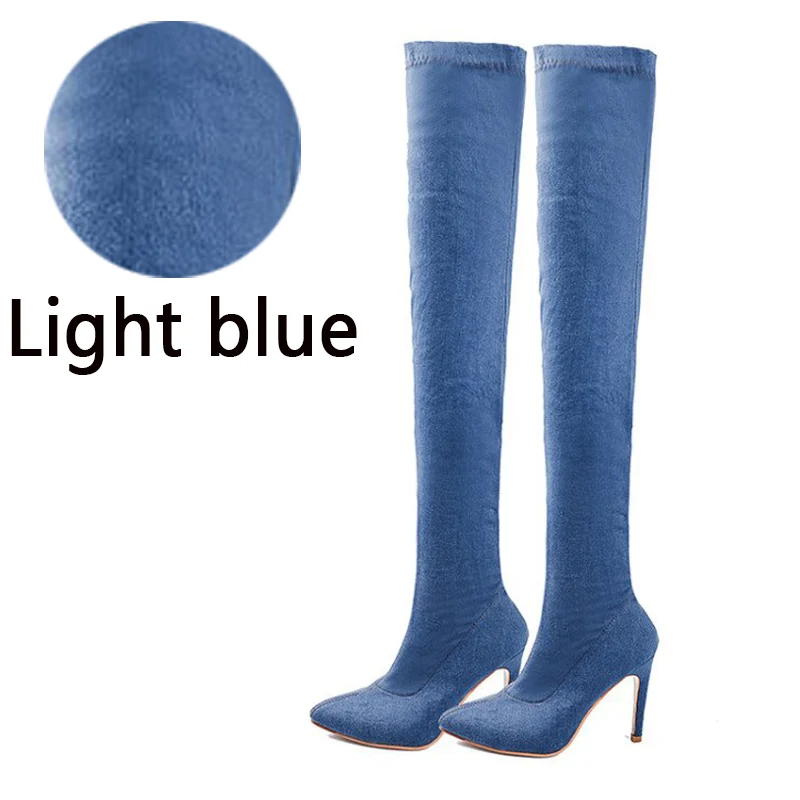 Сапоги aphixta, женские джинсовые сапоги выше колена, сапоги на высоком каблуке-шпильке 10 см, на молнии, острый носок, открытый носок, обувь для девушек размера плюс 42 - Цвет: Light blue