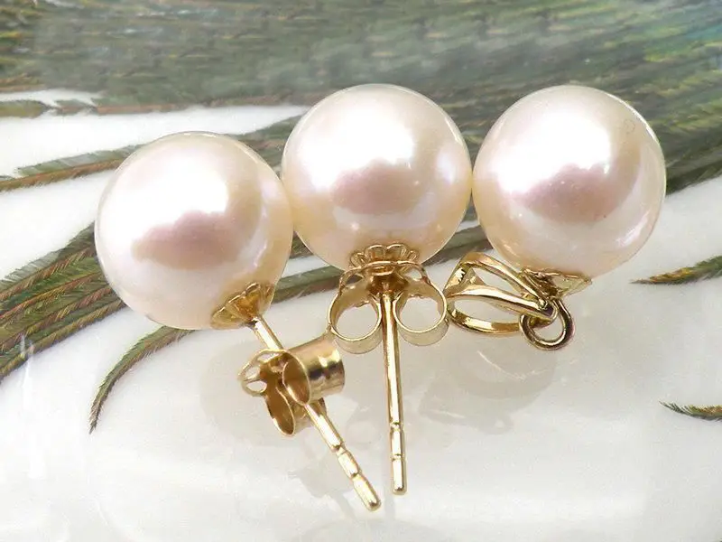 

PERFECT ROUND 10-11mm AAA+ WHITE AKOYA PRARL EARRING PENDANT SET 14 SOLID GOLD