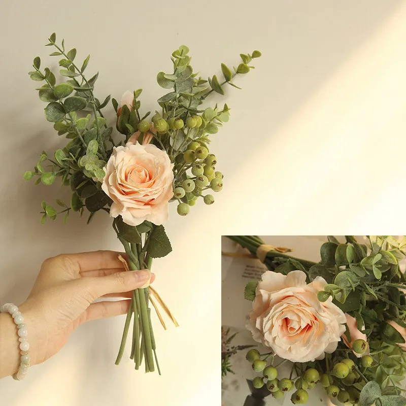 

High quality 1 Bouquet Artificial flowers ROSE Vivid flores artificiales Fake Silk Rose Bridal Wedding home store decor