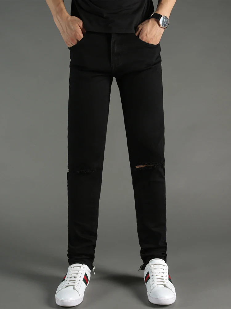 Fashion Streetwear Men's Jeans Black Color Elastic Skinny Jeans hombre Ankle Zipper Ripped Jeans For Men Hip Hop Pants homme