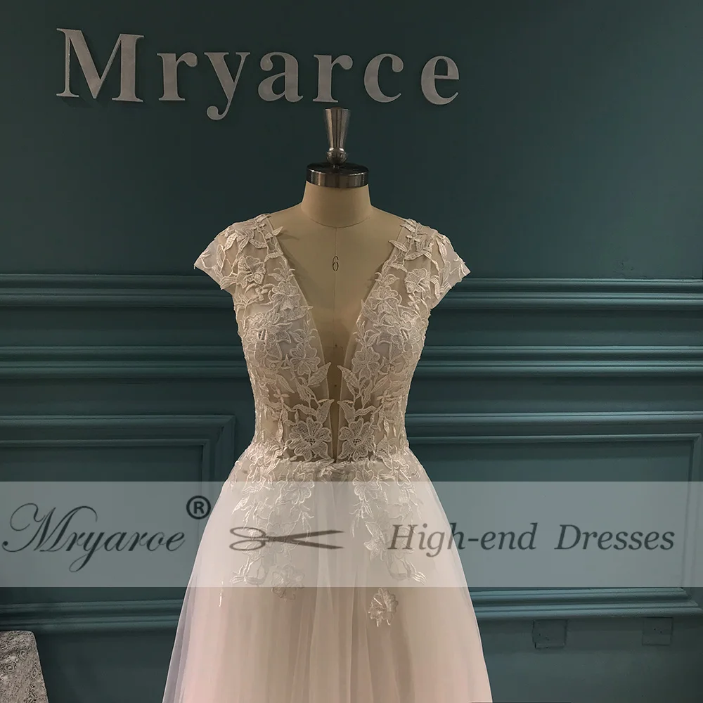 Mryarce 2019 Sexy V Neck Lace Appliques Tulle A Line Open Legs Open Back Wedding Dress Bridal Gowns  (5)