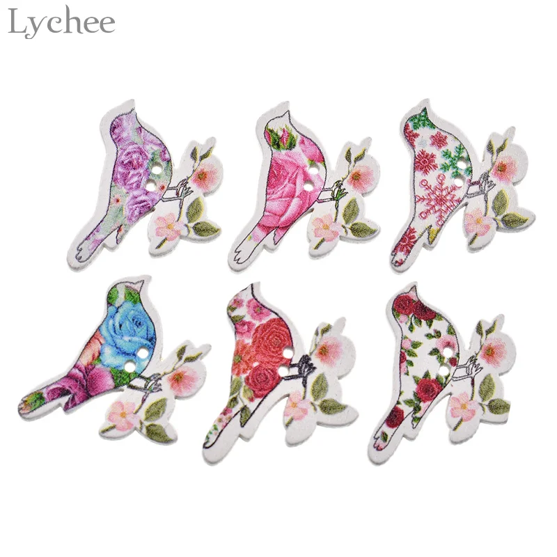

Lychee 50pcs Random 2-Holes Wooden Flower Bird Buttons Flatback Button For Sewing Scrapbooking Craft