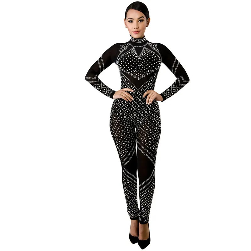 Rhinestone Sexy Bodycon Jumpsuit Women Autumn Winter Long