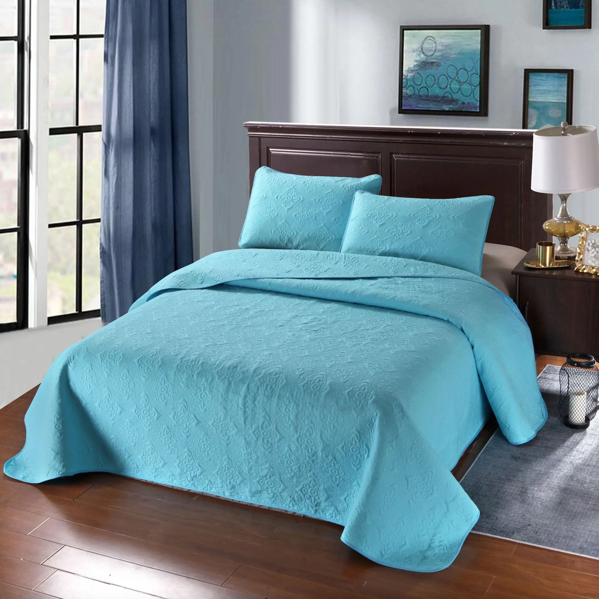 

Jagdambe Solid Color Quilted Bedspread Coverlet With 2PCS Pillowcases USA Queen King Size Bed linens 3PCS Bedding Sets