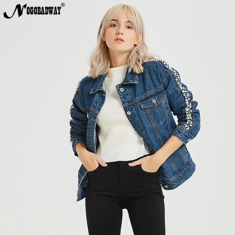 Loose Denim Jacket For Women Pearl beading denim jacket for women autumn casual jeans coats loose