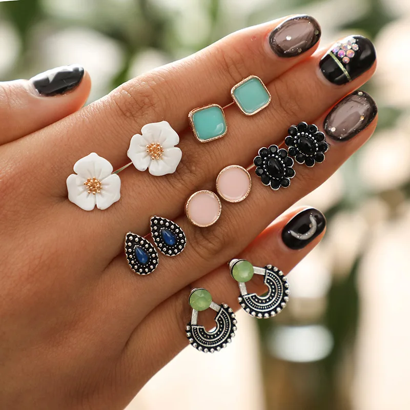

Vintage Geometric Stud Earrings Set 2019 Fashion Bead Stone Flower Earring For Women Boucle d'oreille Femme Jewelry Gifts O5R092