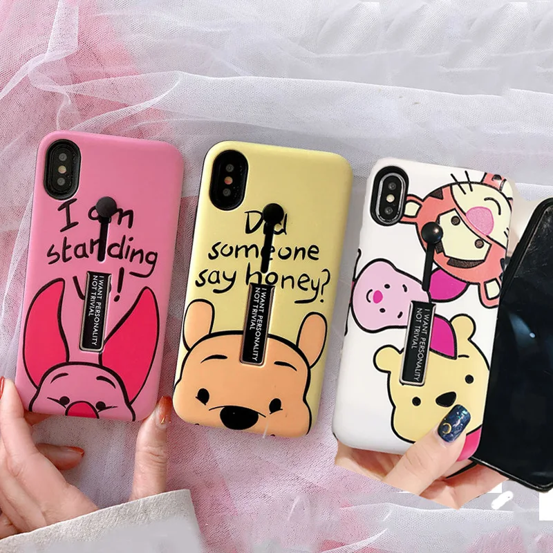 

Loop Ring Phone Case for iPhone XR X 7 8 Plus XS 11 Pro Max Cartoon Winnie Pooh Pigget Brown Bear Hide Ring Holder Stand Cover