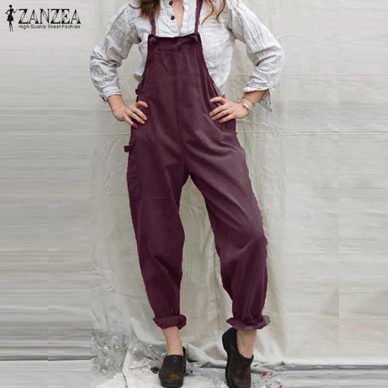 

2019 ZANZEA Casual Strappy Jumpsuits Women Solid Pockets Party Long Playsuits Summer Vintage Overalls Female Pants Rompers S 5XL