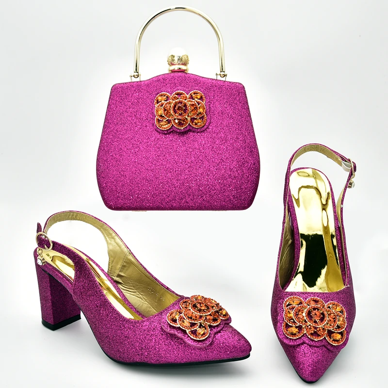 Fuchsia Комплект из туфель и сумочки в итальянском стиле, для вечерние в Для женщин нигерийское Для женщин свадебные туфли с сумочкой в комплекте, украшенные с Стразы класса люкс женская обувь - Цвет: Fuchsia