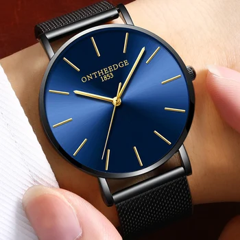 

2018 Newest Mens Watch Thin Case Thickness Sunray Effect Blue Dial 3D index Hour Marker Waterproof Saat Erkekler Quartz Relogio