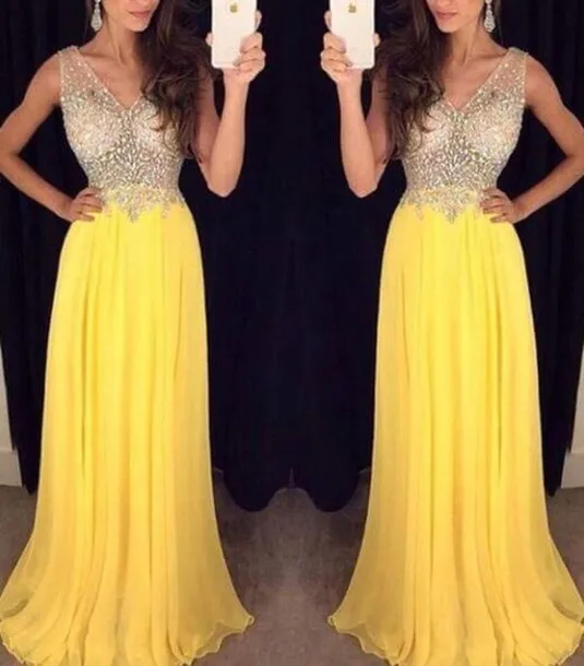 Yellow Gold Prom Dresses with Crystal Beading Top Evening Party Robe De