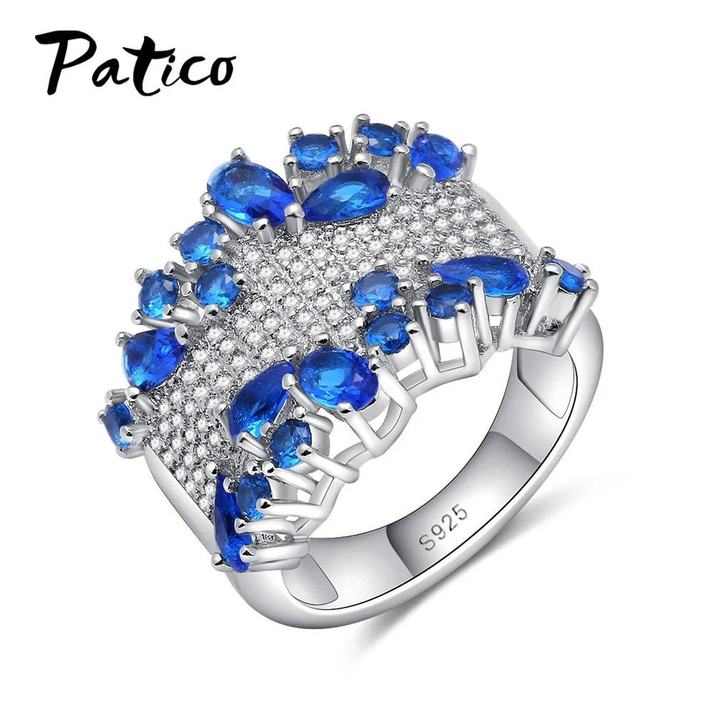 

PATICO Elegant Wedding Rings For Women Top Qaulity S90 Silver AAA Blue Cubic Zirconia Crystal White Stone Finger Rings