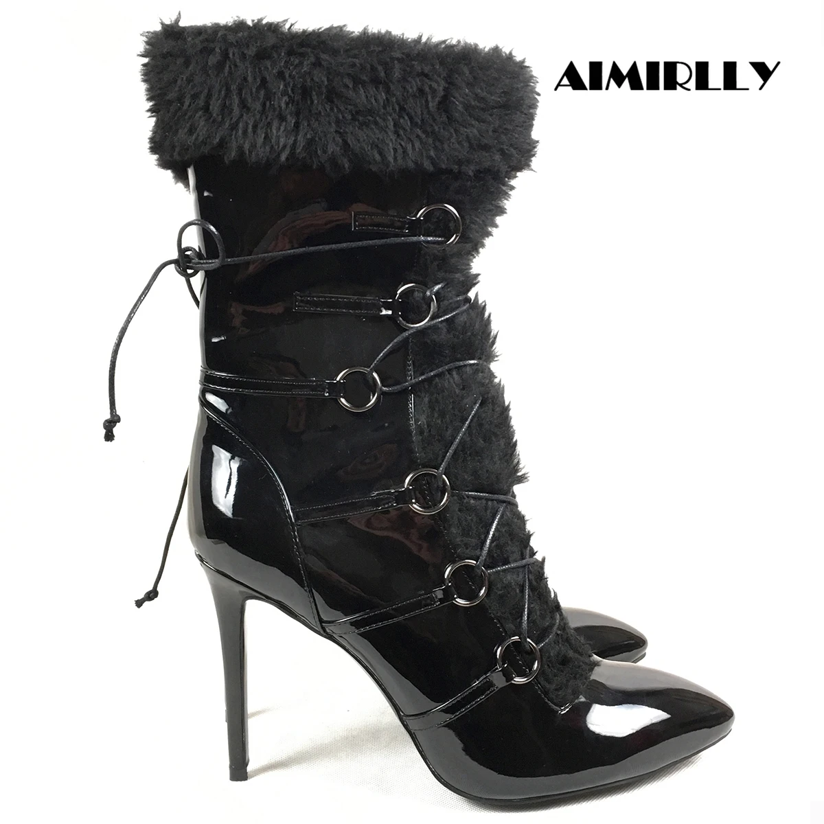 Women's Patent Synthetic Leather Pointed Shoes High-Heeled Zip Up Mid Calf Boots 