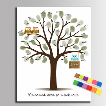 

Happy Owl Family DIY Fingerprint Signature Canvas Painting Guest Book Baby Shower Decorations Party Gift