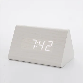 

Creative Wooden LED Alarm Clock Digital Clocks Sound Control Snooze Wood White Table Clock Thermometer Home Decor