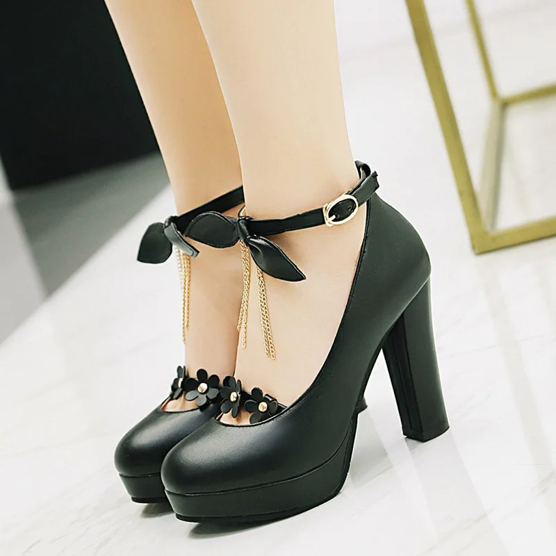 Rimocy women's super high heels lovely floral strap pumps 2019 new spring fashion thick platform pink bowtie shoes woman lolita