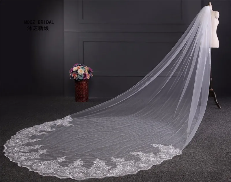 4 м Фата невесты 1,8 метров Ширина Большие Цветы Кружева Аппликация новое Настоящее Изображение MOOZ свадебная фата бренда с металлической расческой