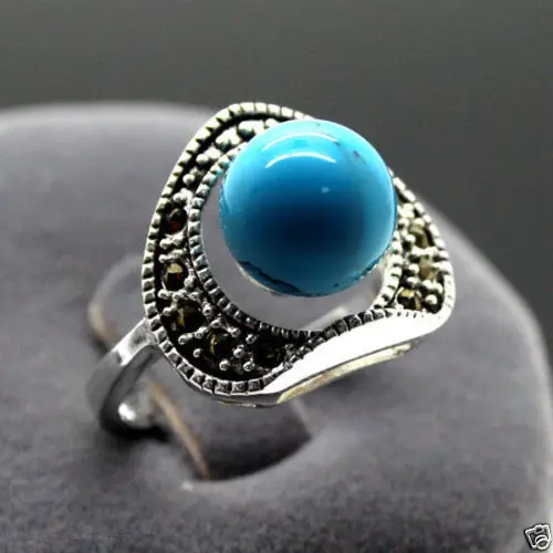 

13X15MM Vintage 6mm Blue Turquoises Marcasite 925 Sterling Silver Ring size 7 8 9