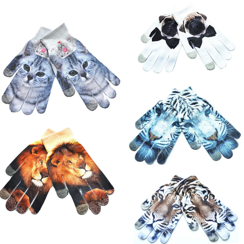 Для мужчин и женщин зимние перчатки с сенсорным экраном Милые 3D вязаные забавные теплые перчатки с пальцами тигр лев кошка собака