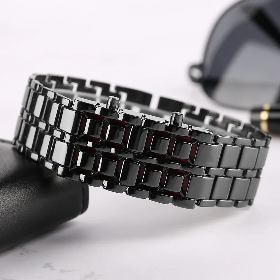Cool Iron Samurai Japanese-inspired Red LED Digital Watch Men Faceless Design Bracelet Date Wristwatch Sport Relogio Masculino  (11)