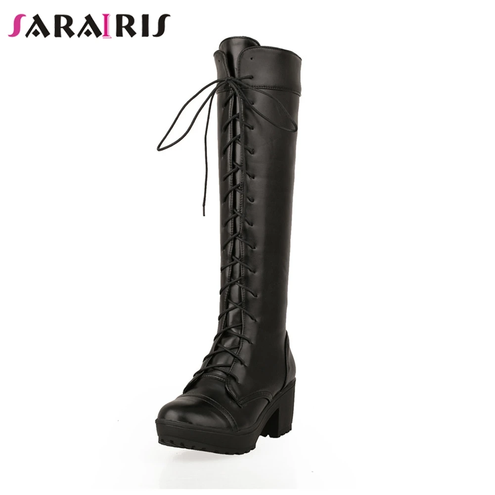

SARAIRIS New Solid Wide High Heels Lace Up Round Toe Platform Shoes Woman Casual Party Winter Mid Calf Boots Big Size 34-43