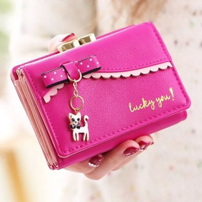 

2016 New Bow Cat Pendant Student Women Wallet Cute Lady Short Cartoon Fashion Purse PU leather Coin Bag Portefeuille femme