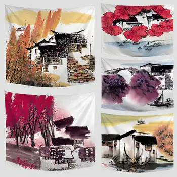 

Hot Selling Watercolor Painting Style Tapestry Colorful Yellow Striped Boat House Country Towel Pad Living Room Decor Carpet