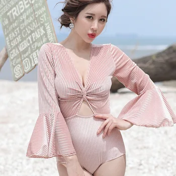 

One-Piece Swimsuits Swimwear 2019 Bathing Suit Women One Piece Large Size 1 Swimsuit Korean New Long Sleeve Abdomen Push Up
