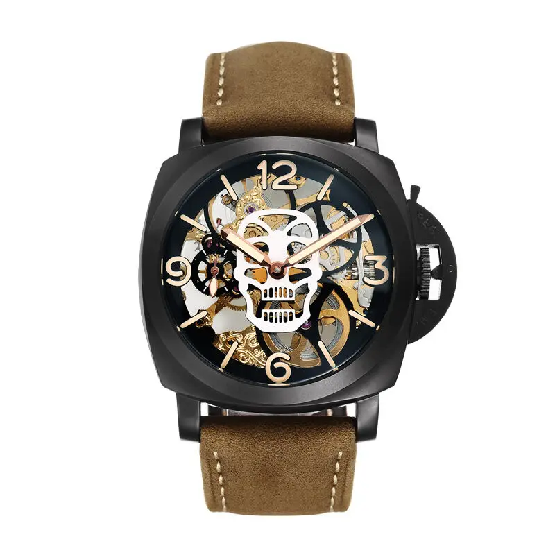 Parnis SKULL Seriers Luminous Mens Leather Watchband Fashion Mechanical font b Watch b font Wristwatch